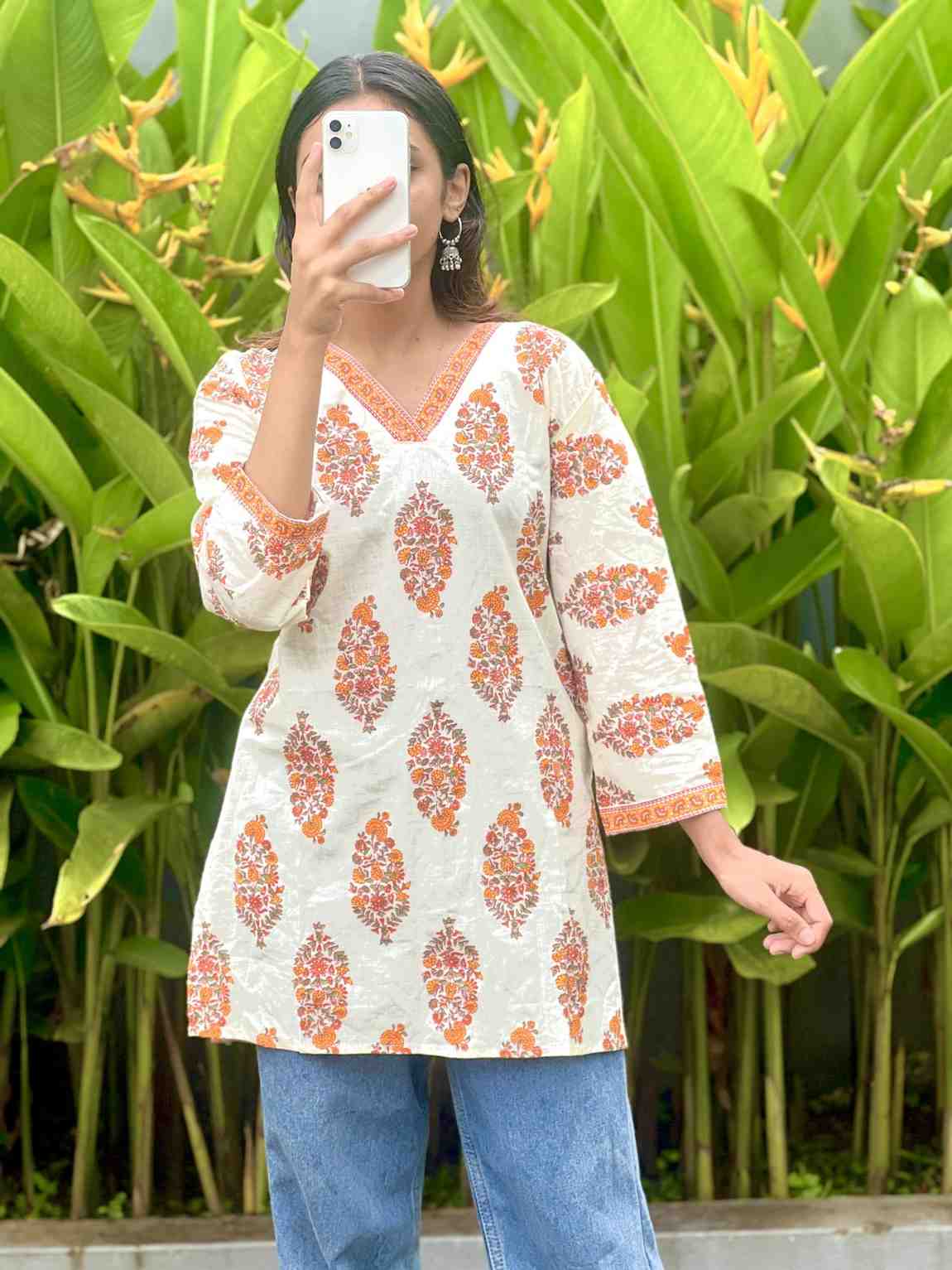 White Short Kurti With Orange Print