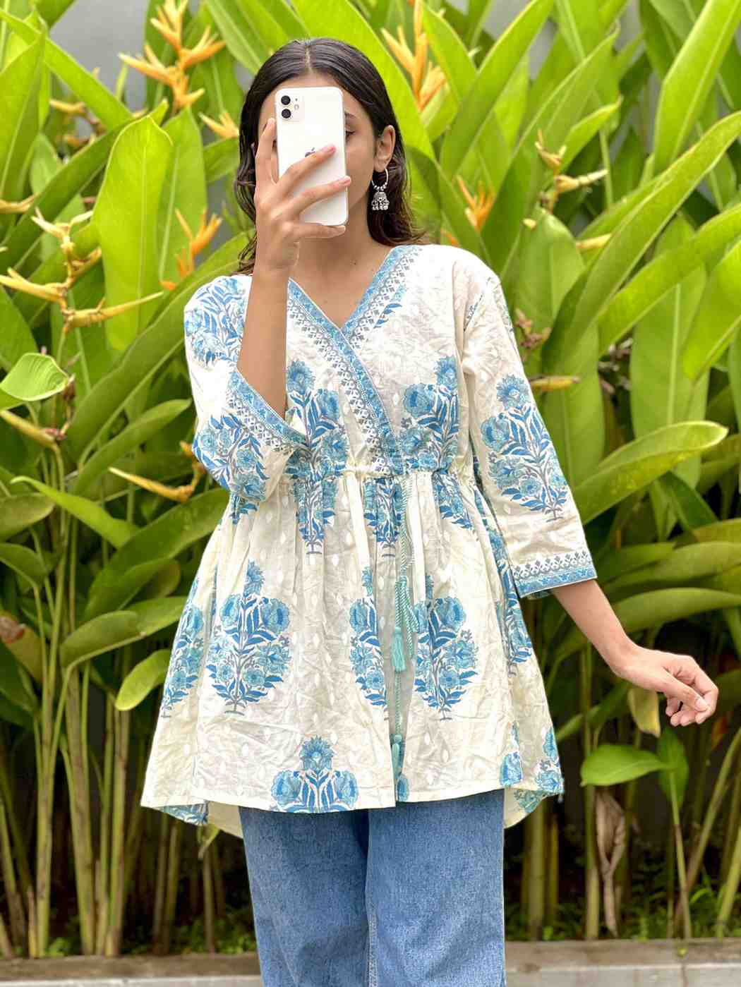 White & Gold or Blue Printed Wrap Top