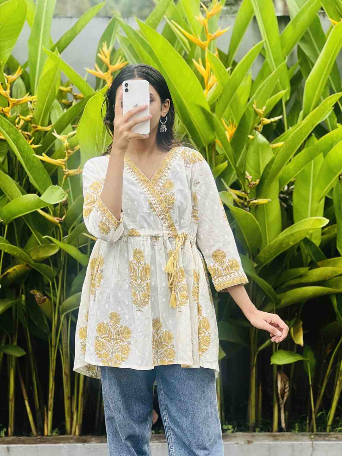 White & Gold or Blue Printed Wrap Top